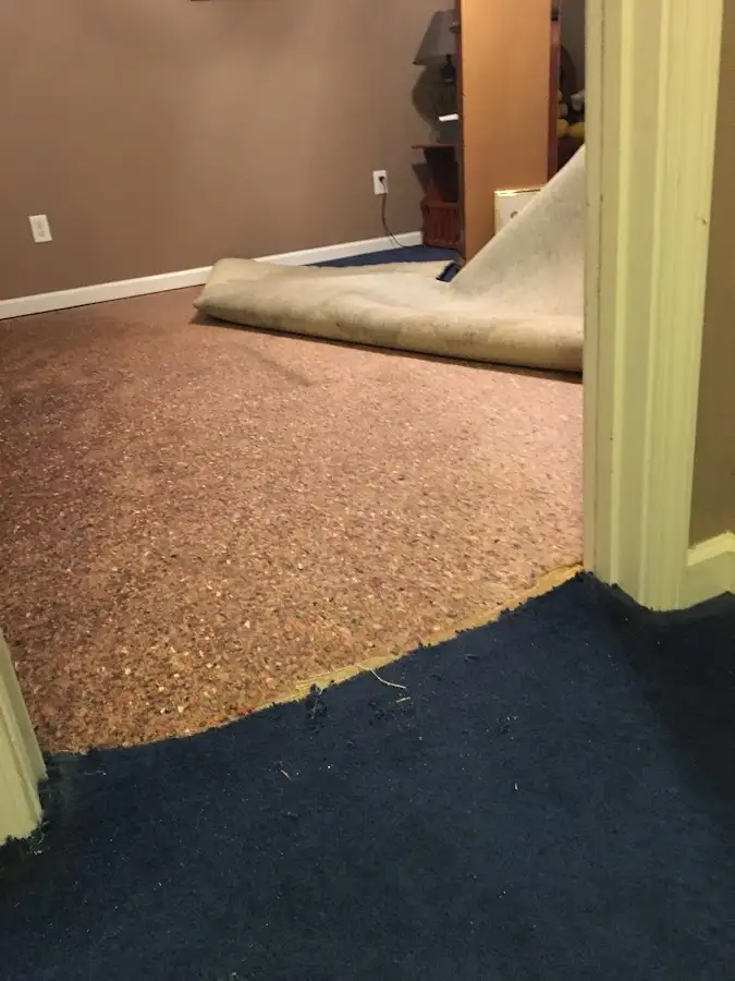 Carpet pad removal revealing water damage during Drying & Dehumidification in Galveston